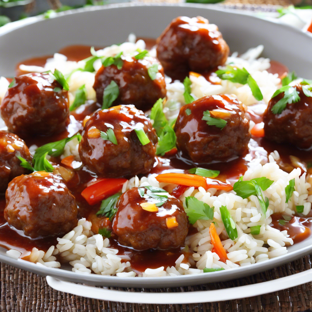 Plate of sweet and sour meatballs served with rice and garnished with scallions and sesame seeds.