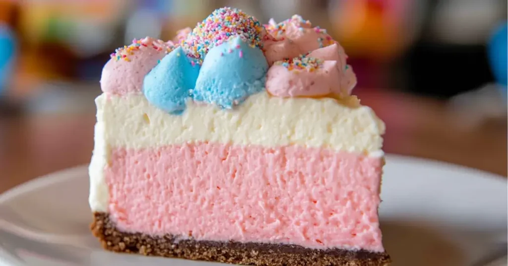 cotton candy cheesecake with whipped cream topping"