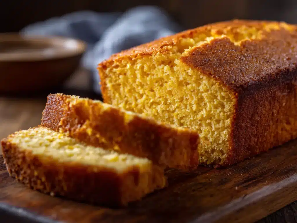 Close-up of a golden, fluffy gluten-free cornbread loaf fresh from the oven, with crumbly texture, served on a wooden board with melting butter