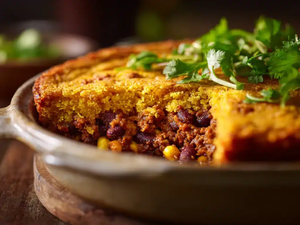 Close-up of warm gluten-free tamale pie fresh from the oven, golden corn crust with rich savory filling of beans and vegetables, rustic home-style presentation