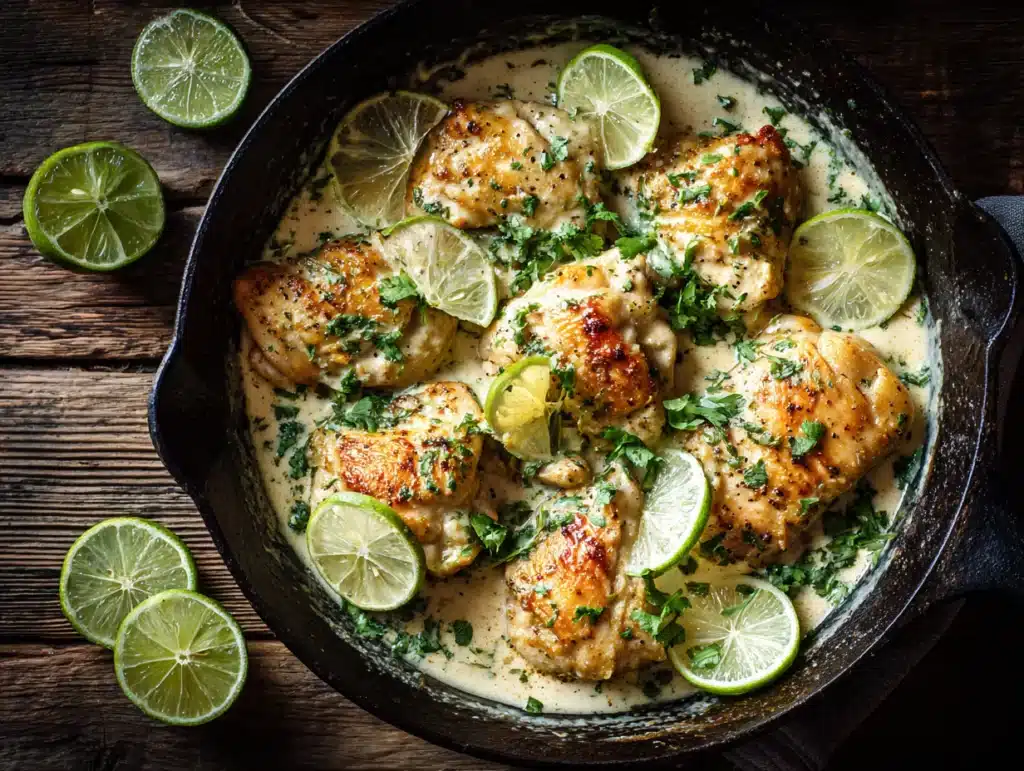 Close-up overhead photo of one-pan coconut lime chicken in a rustic skillet, creamy tangy sauce coating tender chicken pieces, garnished with fresh lime slices and cilantro