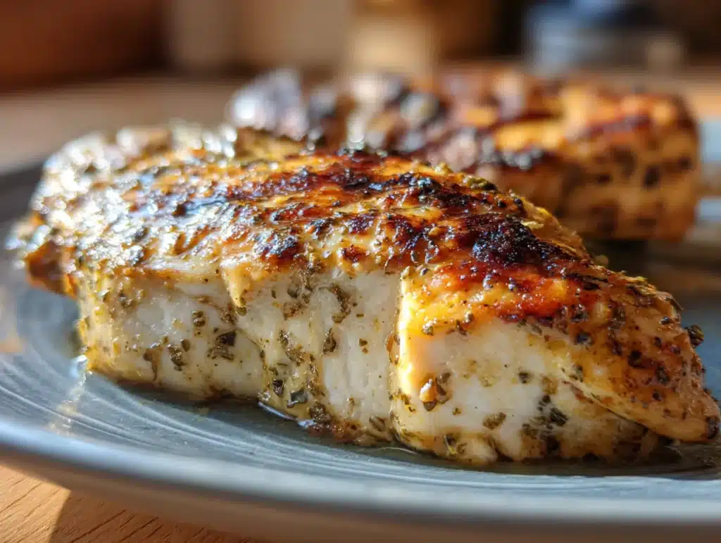 Close-up photo of cooked chicken breast on a plate in a home kitchen with natural lighting, showing interior texture, taken with iPhone 15 Pro style.