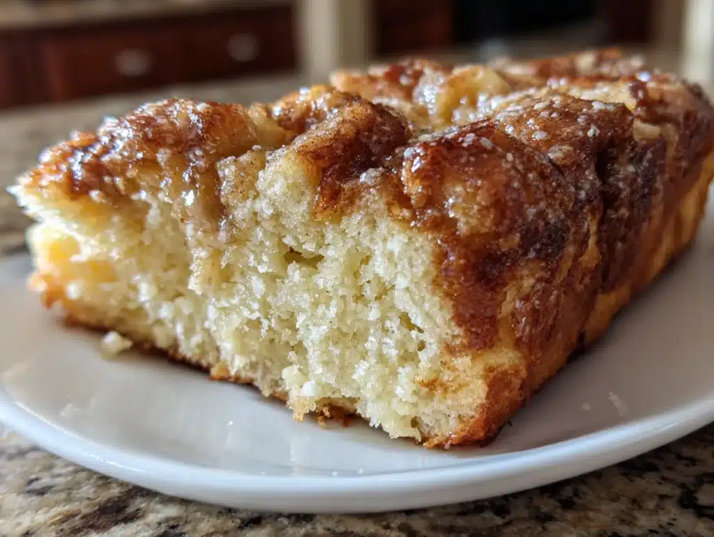 Close-up of Easy Amish Apple Fritter Bread with a slice on a plate, photographed in a home kitchen with natural lighting, eye-level side view, and clean background