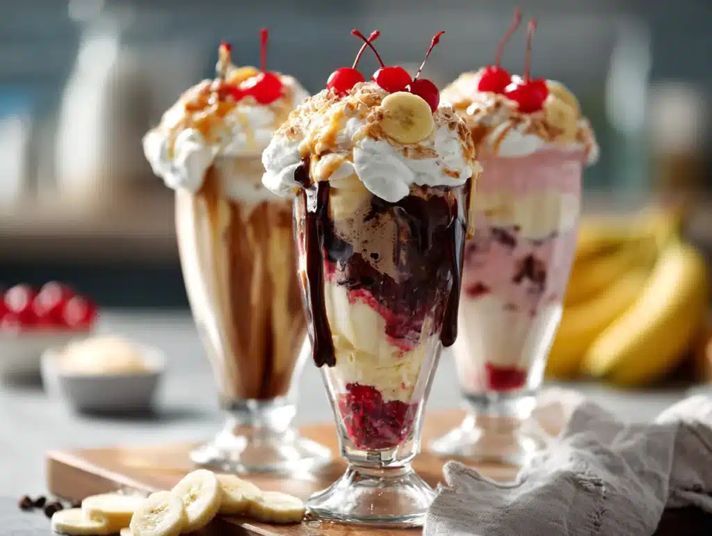Close-up of Banana Split Milkshake in a tall glass, showing interior texture, photographed in a home kitchen with natural lighting and a clean background