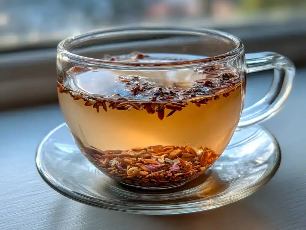 Close-up of bariatric seed tea in a clear glass cup, photographed in a home kitchen with natural lighting and clean background