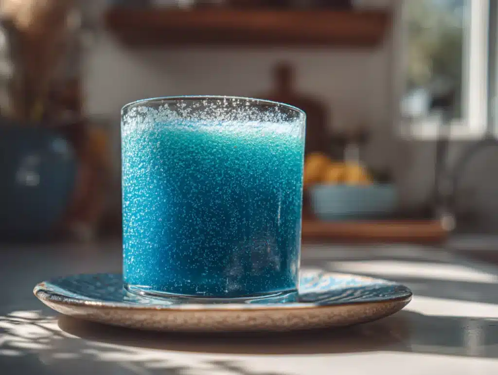 Close-up of vibrant blue salt-infused detox juice in a clear glass, set on a plate in a home kitchen, showing striking blue hue and texture with natural lighting and clean background