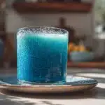 Close-up of vibrant blue salt-infused detox juice in a clear glass, set on a plate in a home kitchen, showing striking blue hue and texture with natural lighting and clean background