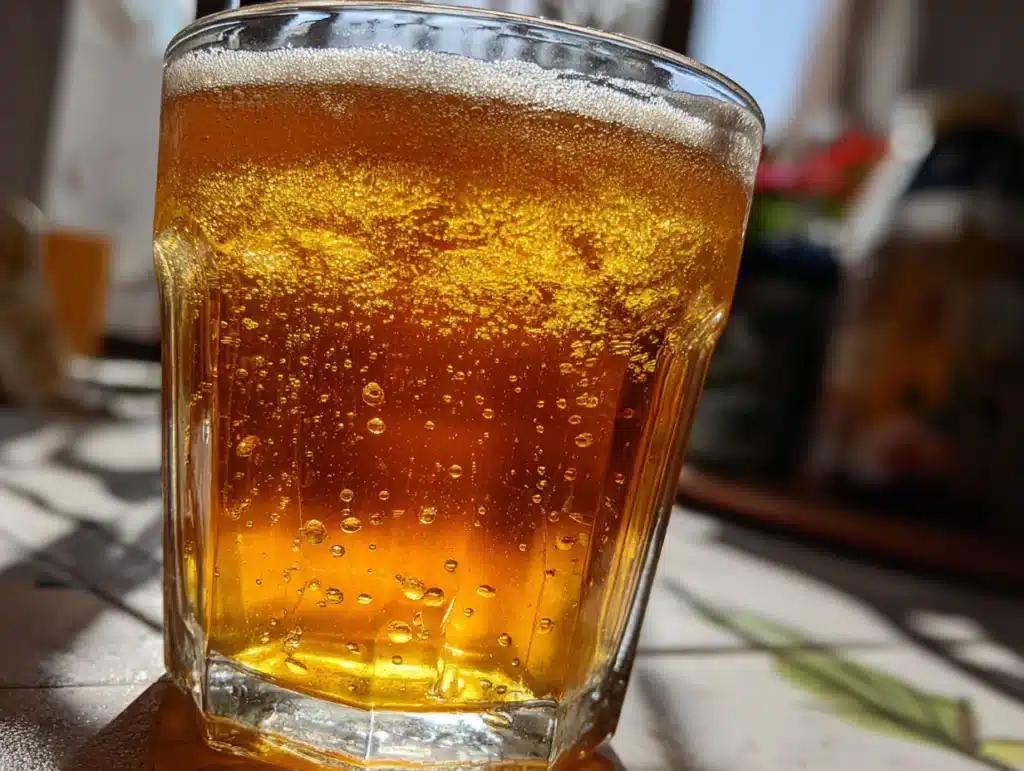 Close-up of Brazilian Mounjaro 3-ingredient weight loss drink in a clear glass, showing rich interior texture, photographed in a home kitchen with natural lighting and clean background