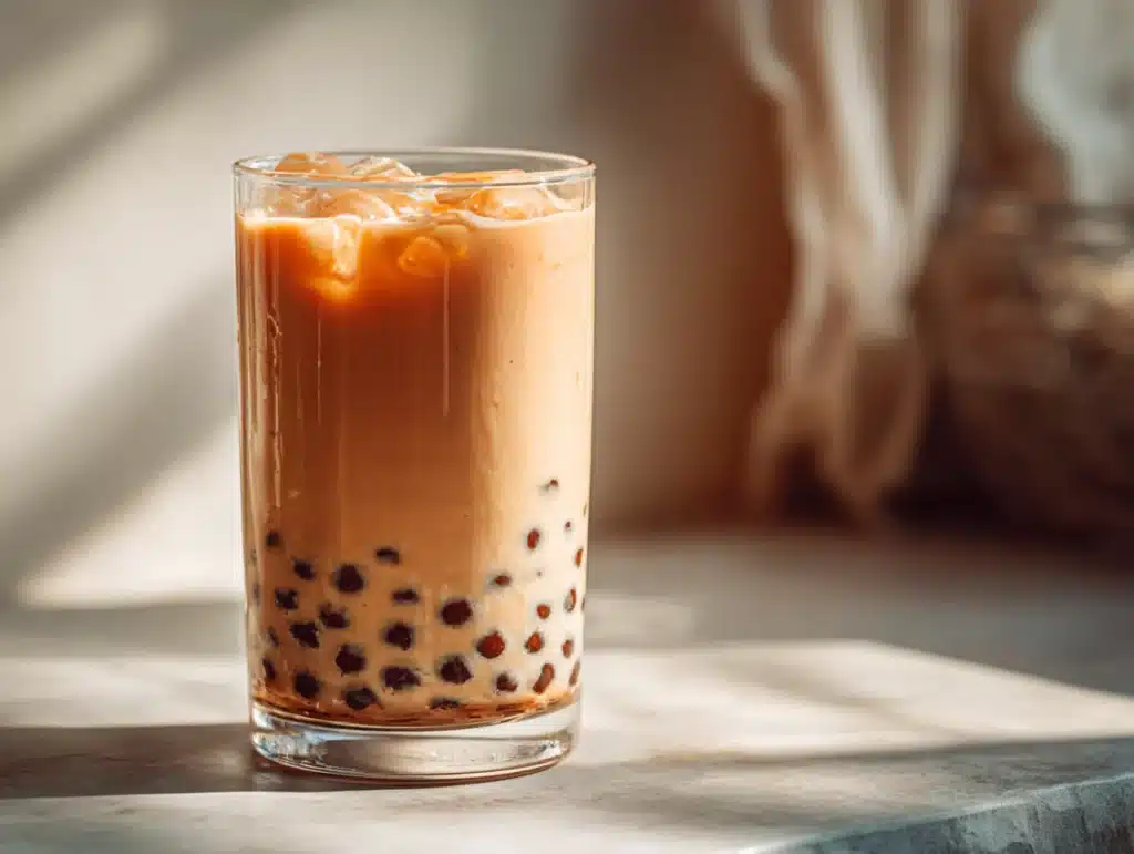 Close-up of bubble pearl milk tea in a glass, placed on a surface in a home kitchen with natural lighting and clean background