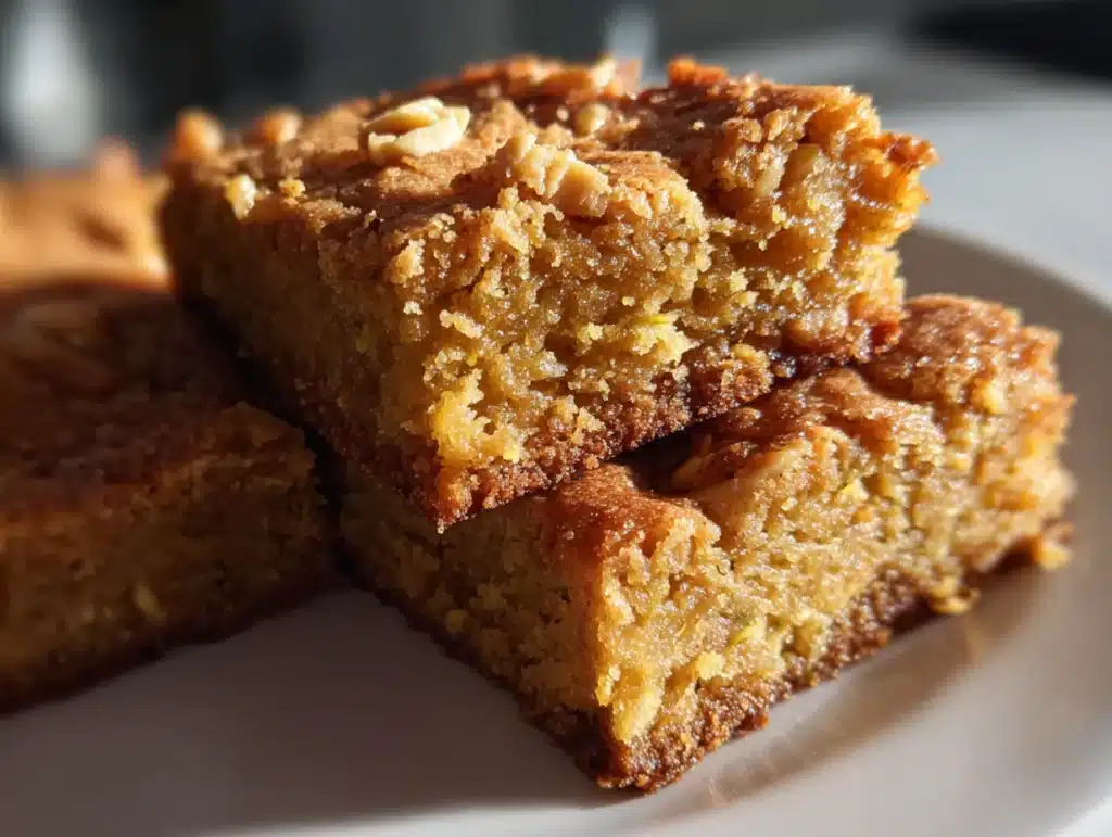 Close-up of Chewy Butterscotch Zucchini Blondies on a plate, featuring a slice, eye-level view, natural lighting, home kitchen, clean background