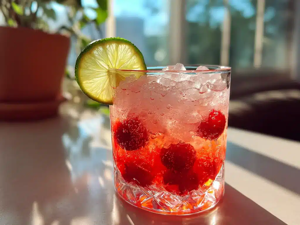 Close-up of cherry limeade in a glass, placed on a surface in a home kitchen with natural lighting and clean background