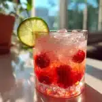 Close-up of cherry limeade in a glass, placed on a surface in a home kitchen with natural lighting and clean background