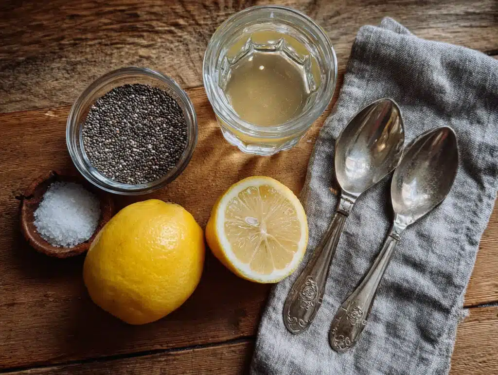 ingredients for chia seeds recipe water on wooden table