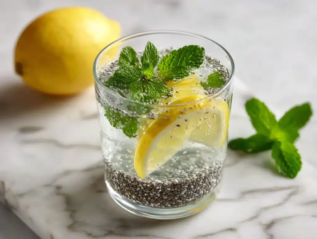 glass of chia seeds water with lemon and mint