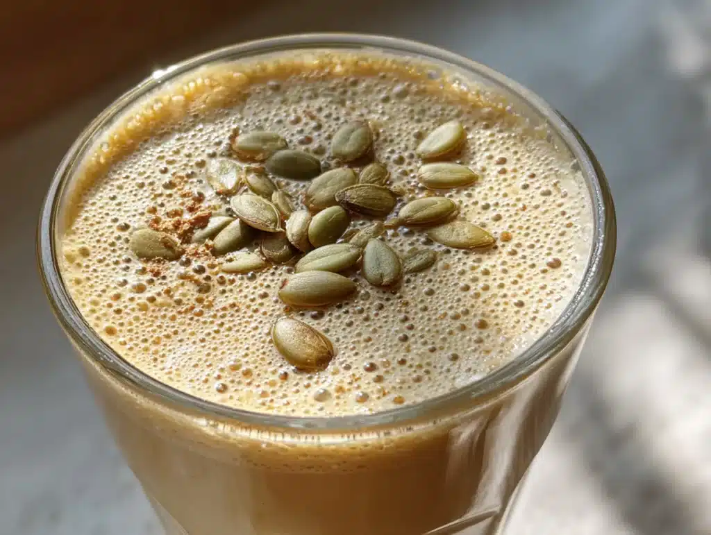 Close-up of creamy butter pumpkin seed smoothie in a glass, photographed in a home kitchen with natural lighting and clean background