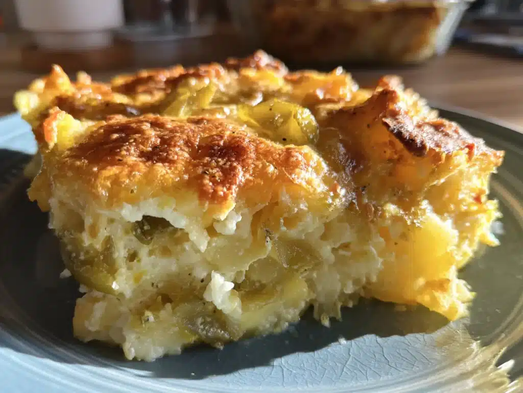 Close-up of Easy Green Chile Yellow Squash Casserole on a plate, showing interior texture, eye-level side view, natural lighting, home kitchen, clean background