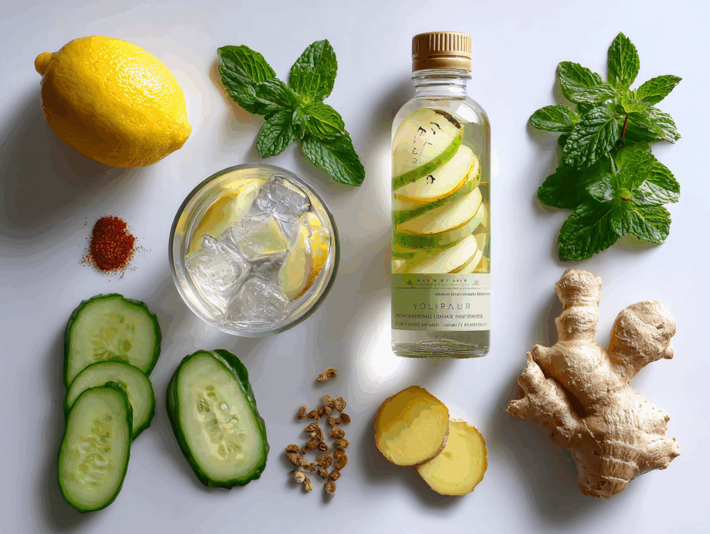 ingredients for ice water hack recipe flat lay