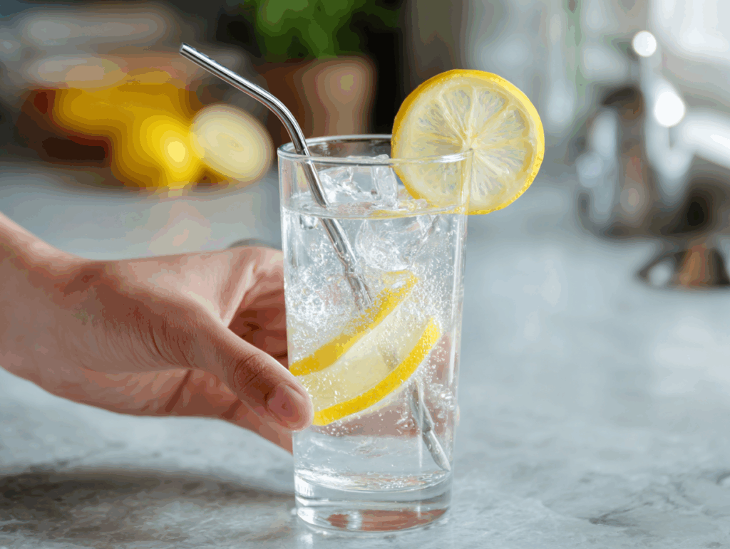 stirring ice water hack drink in glass with straw