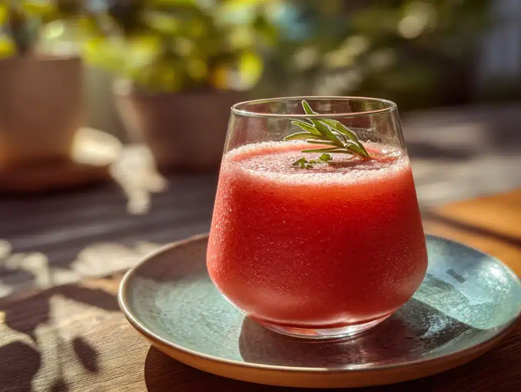 Close-up of a refreshing juice drink infused with Himalayan pink salt, served in a clear glass on a plate, photographed in a home kitchen with natural lighting and clean background