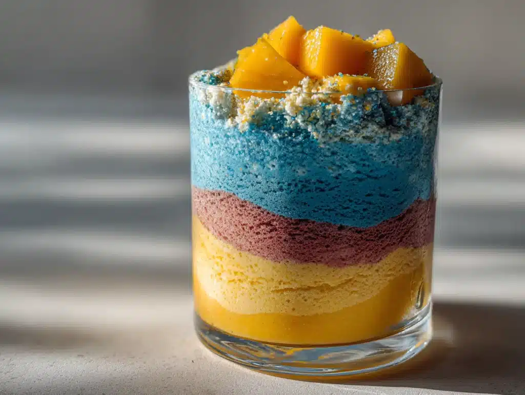 Close-up of Mango Blue Raspberry Pulse Frappuccino in a glass, showing layered texture, eye-level side view, natural lighting, home kitchen, clean background