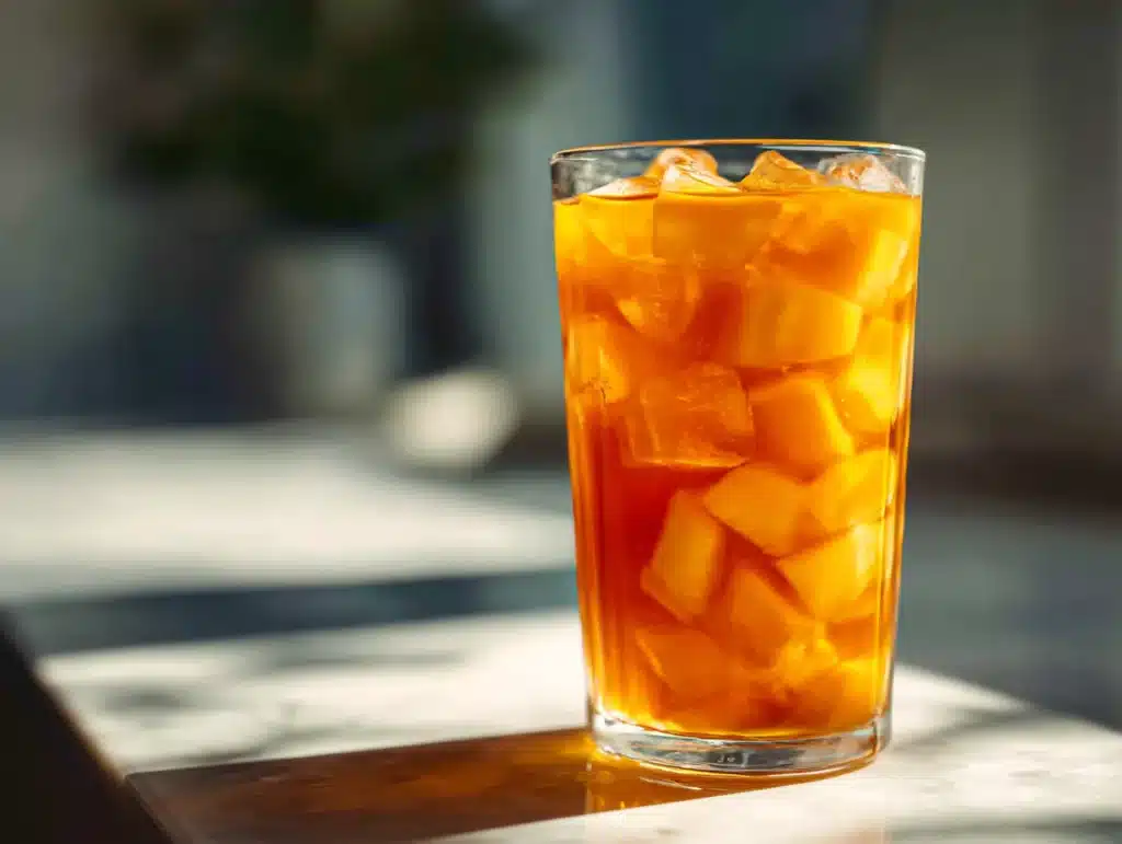 Close-up of mango iced tea in a clear glass, placed on a surface in a home kitchen with natural lighting and clean background
