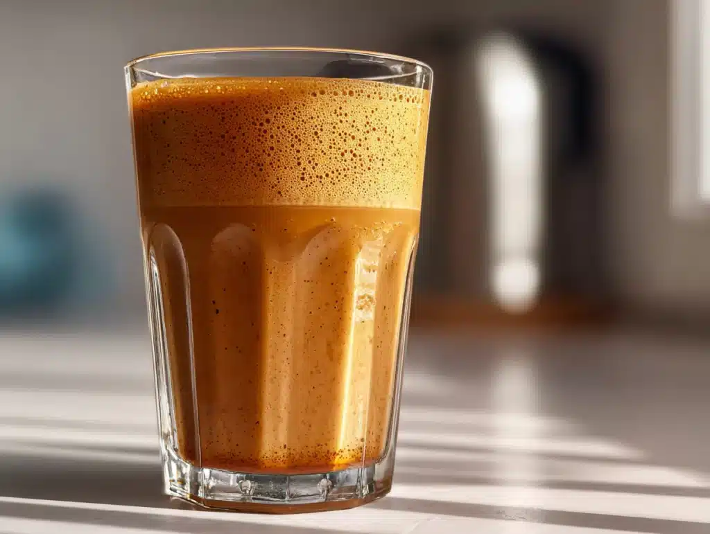 Close-up of Mounjaro weight loss coffee mocktail in a glass, placed on a surface in a home kitchen, highlighting rich interior texture, natural lighting, clean background