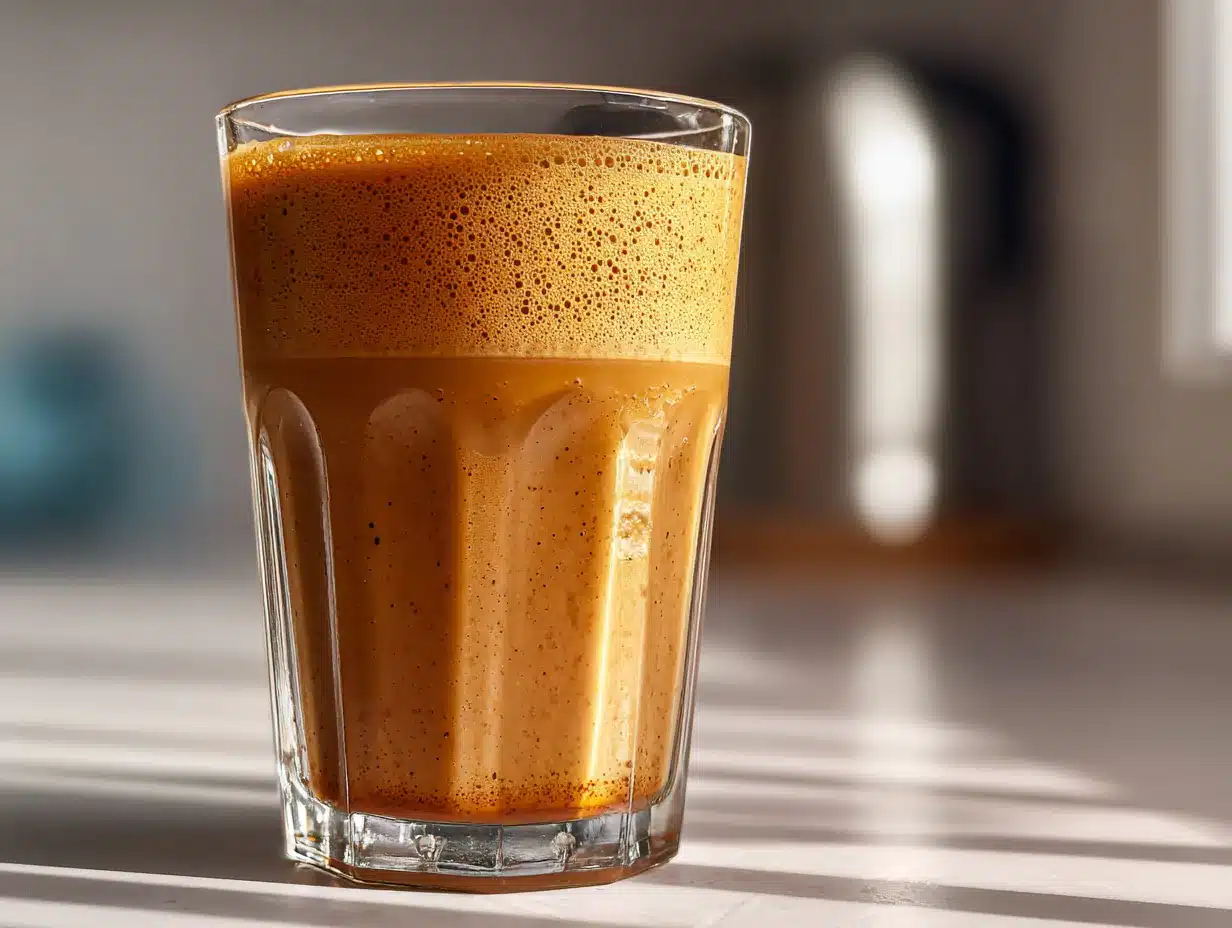 Close-up of Mounjaro weight loss coffee mocktail in a glass, placed on a surface in a home kitchen, highlighting rich interior texture, natural lighting, clean background