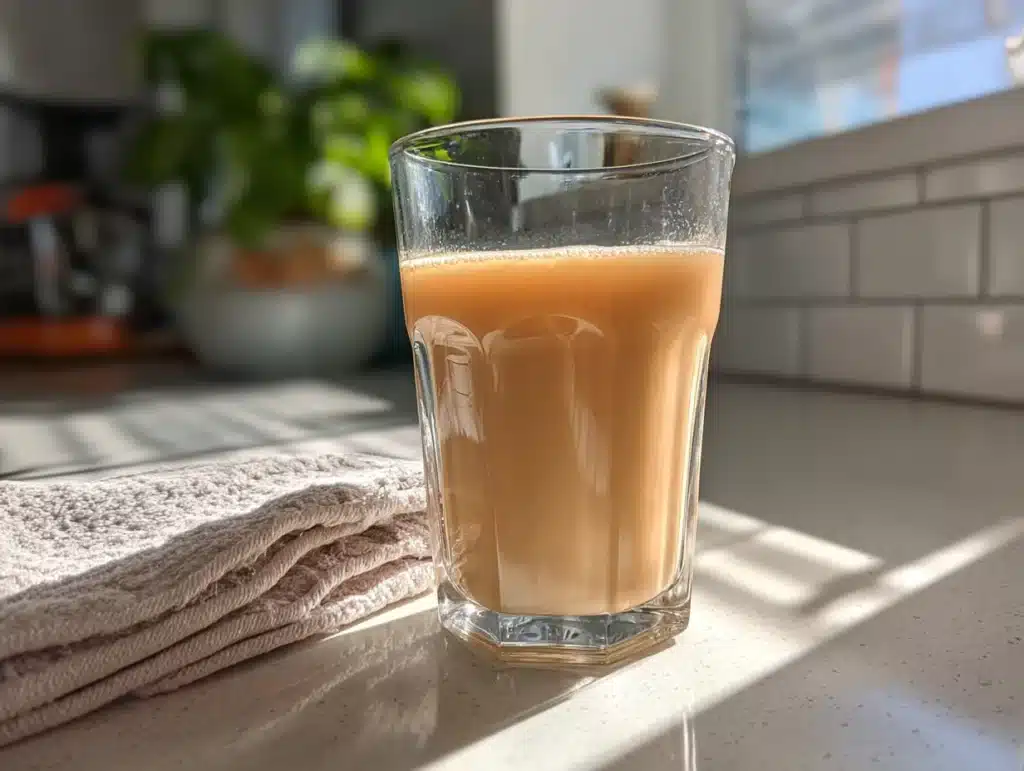 Close-up of Mounjaro weight loss drink in a clear glass, showing interior texture, photographed in a home kitchen with natural lighting and clean background