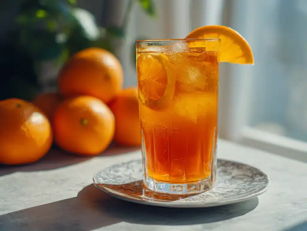 Close-up of orange cinnamon iced tea in a glass on a plate, photographed in a home kitchen with natural lighting and clean background