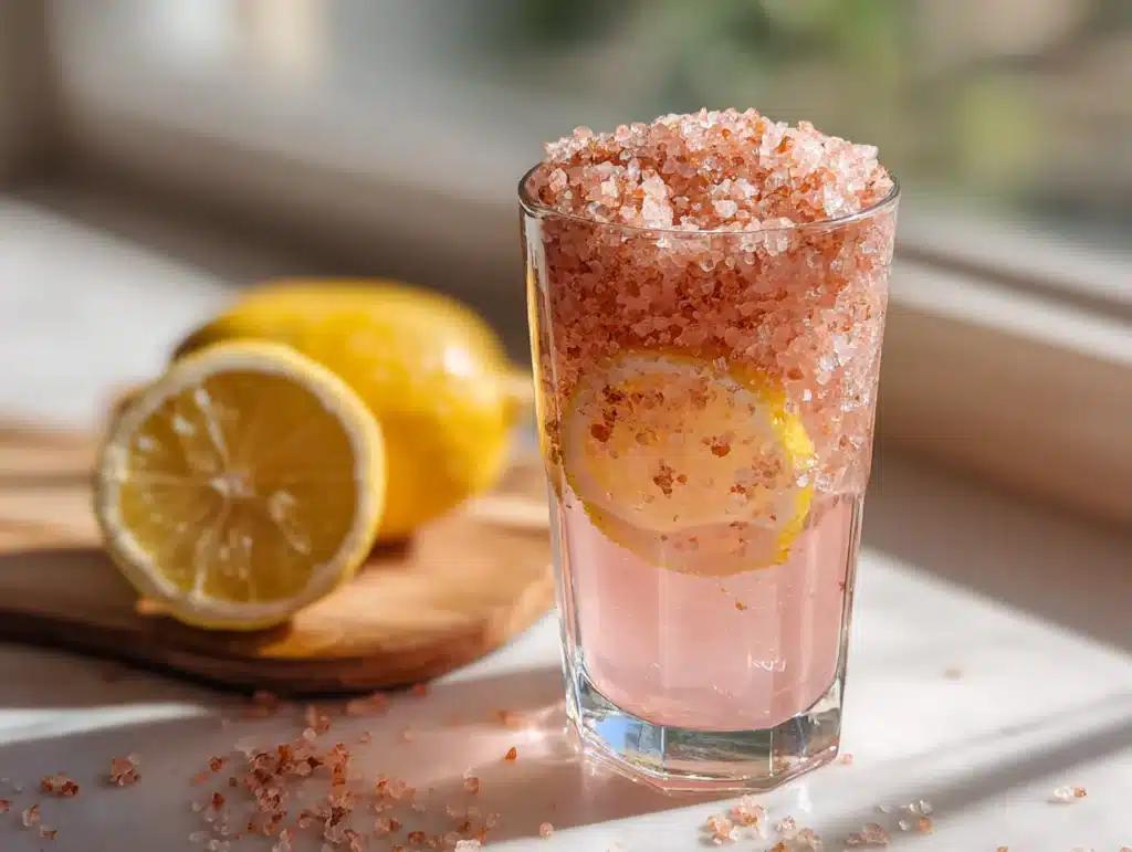 Close-up of pink salt detox drink in a clear glass, photographed in a home kitchen with natural lighting and clean background