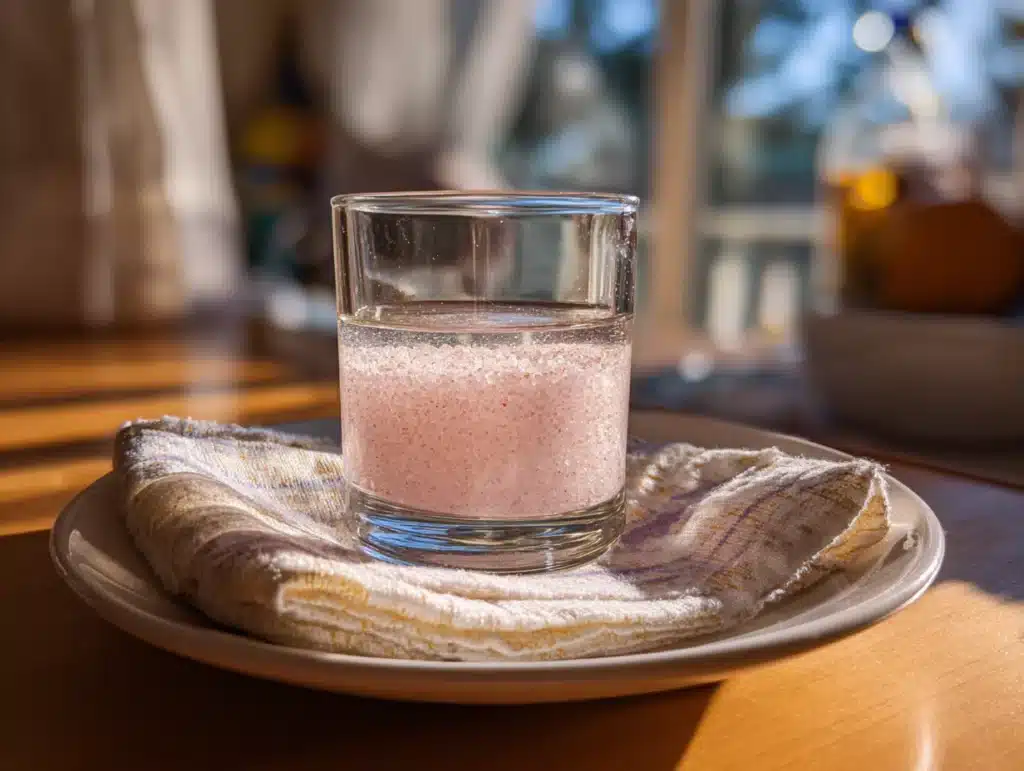 Close-up of a glass of pink salt water on a plate, photographed in a home kitchen with natural lighting and clean background