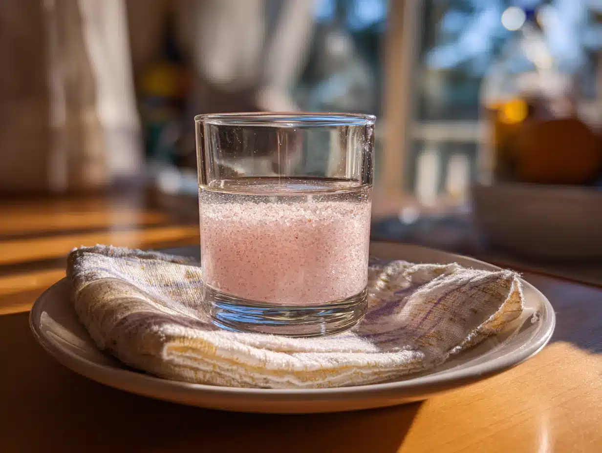 Close-up of a glass of pink salt water on a plate, photographed in a home kitchen with natural lighting and clean background