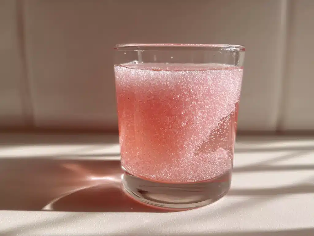 Close-up of pink salt weight loss drink in a glass, photographed in a home kitchen with natural lighting and clean background