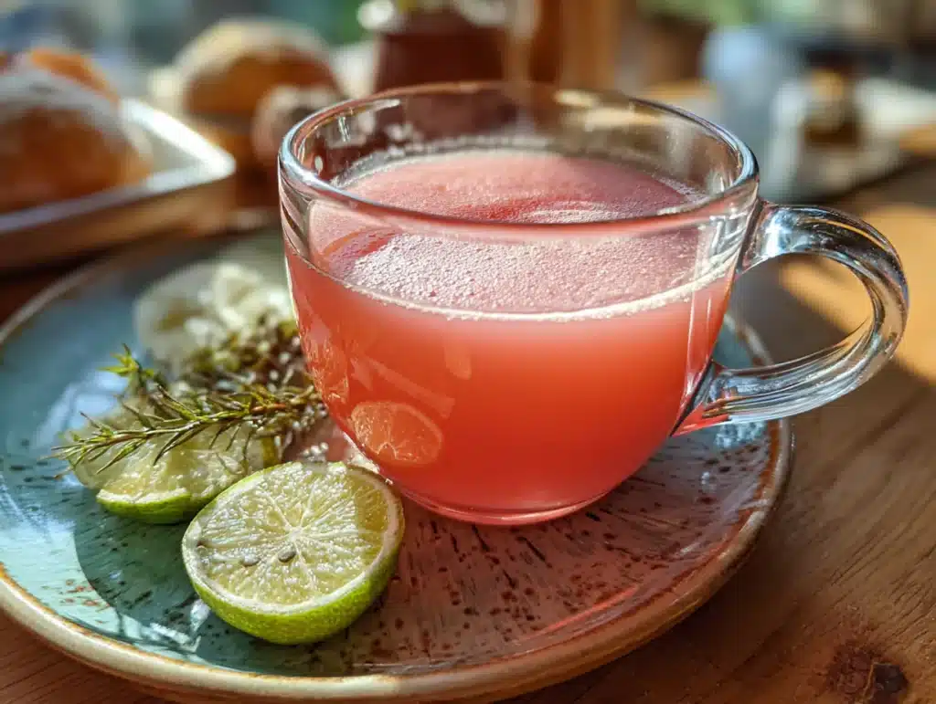 Close-up of refreshing pink salt weight loss juice in a clear glass cup, with visible ingredients arranged on a plate, photographed in a cozy home kitchen with natural lighting and clean background