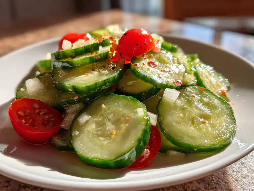 Close-up of Quick and Easy Cucumber Vinegar Salad on a plate, showing interior texture, photographed in a home kitchen with natural lighting and clean background