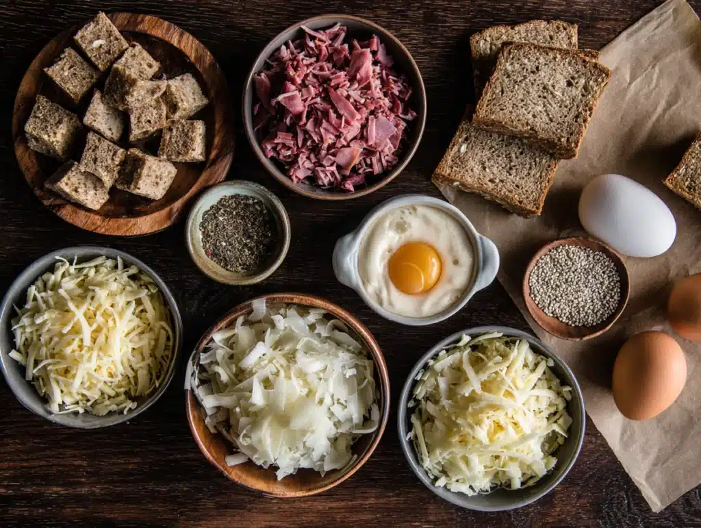 Reuben bake ingredients displayed on a wooden table