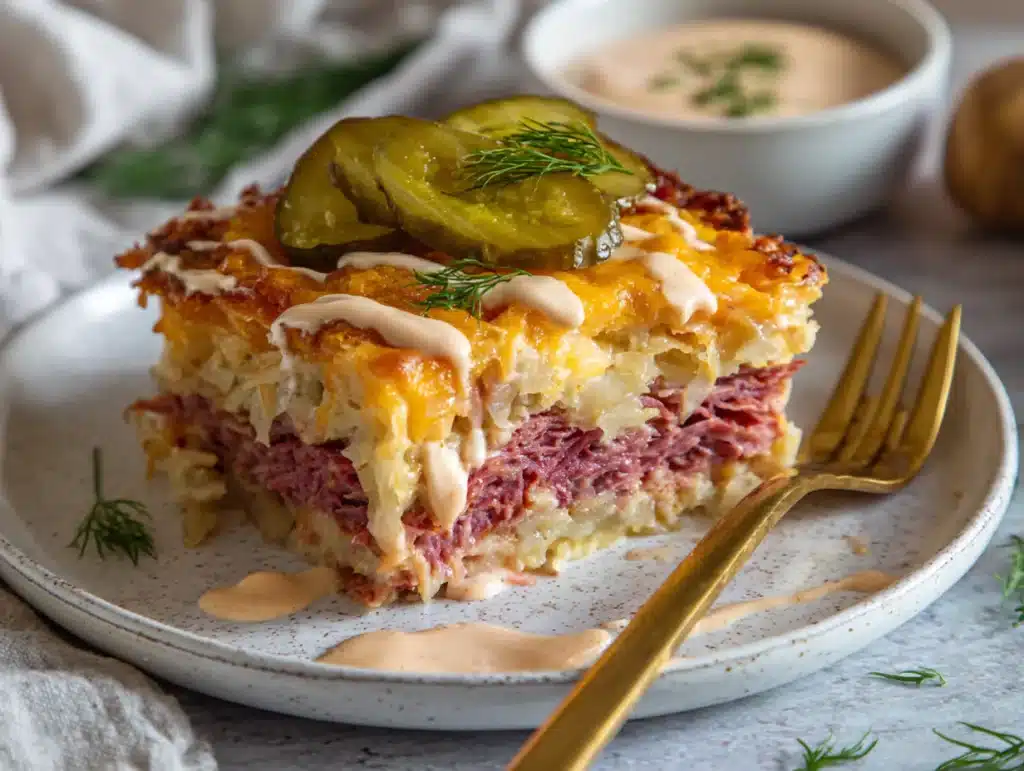 Reuben bake recipe with melted Swiss cheese and rye bread