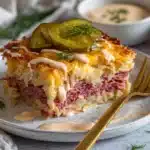 Reuben bake recipe with melted Swiss cheese and rye bread