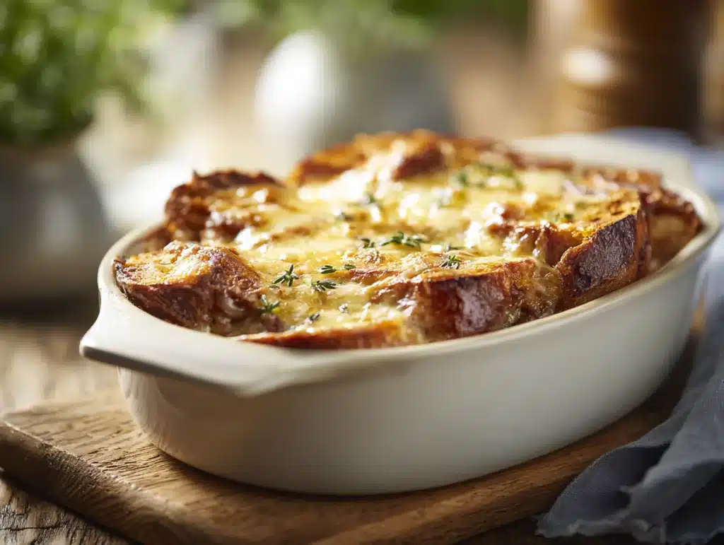 Served slice of Reuben bake with pickle garnish