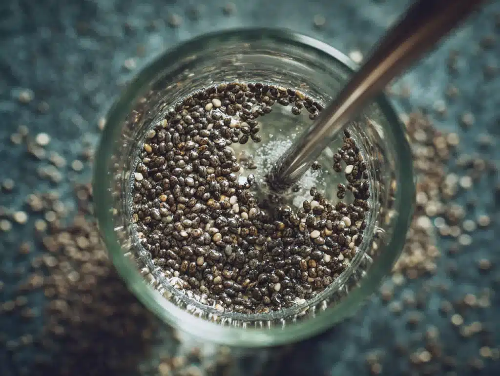 stirring chia seeds into water in glass