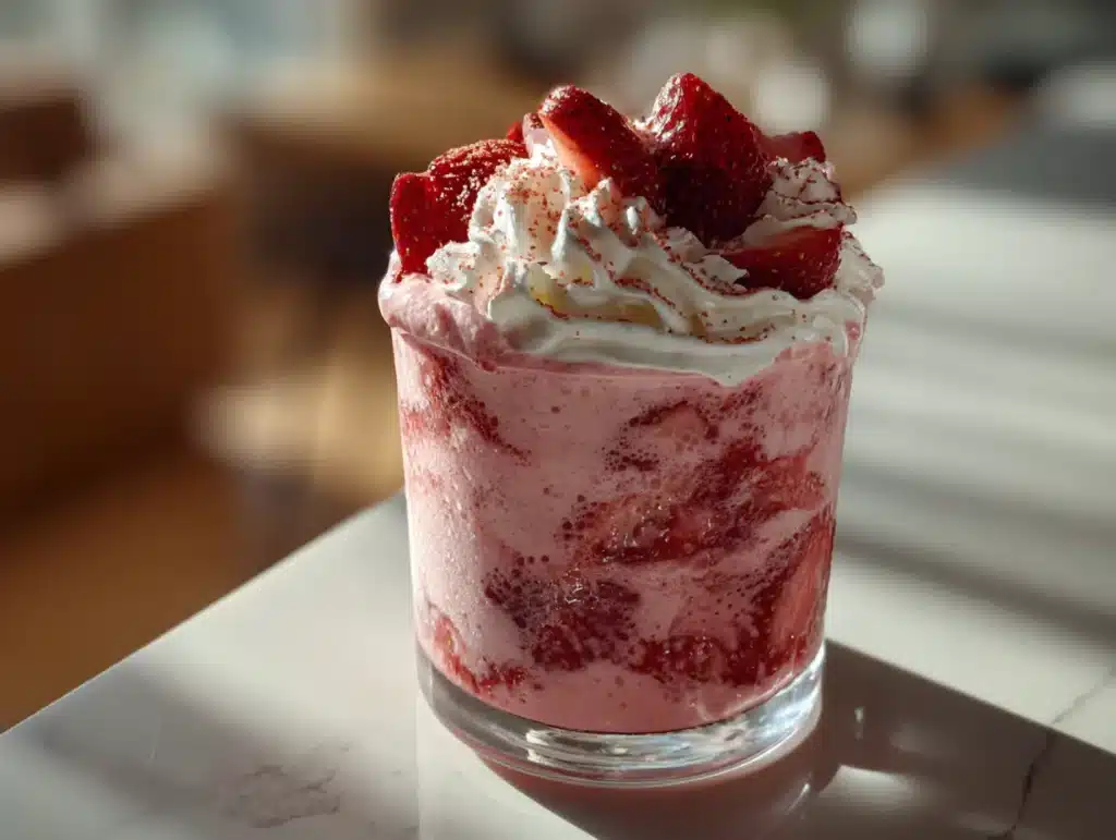 Close-up of Strawberries & Cream Frappuccino in a glass, showing creamy interior texture, eye-level side view, natural lighting, home kitchen, clean background