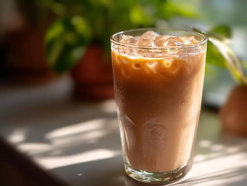 Close-up of taro milk tea in a glass, placed on a surface in a home kitchen with natural lighting and clean background