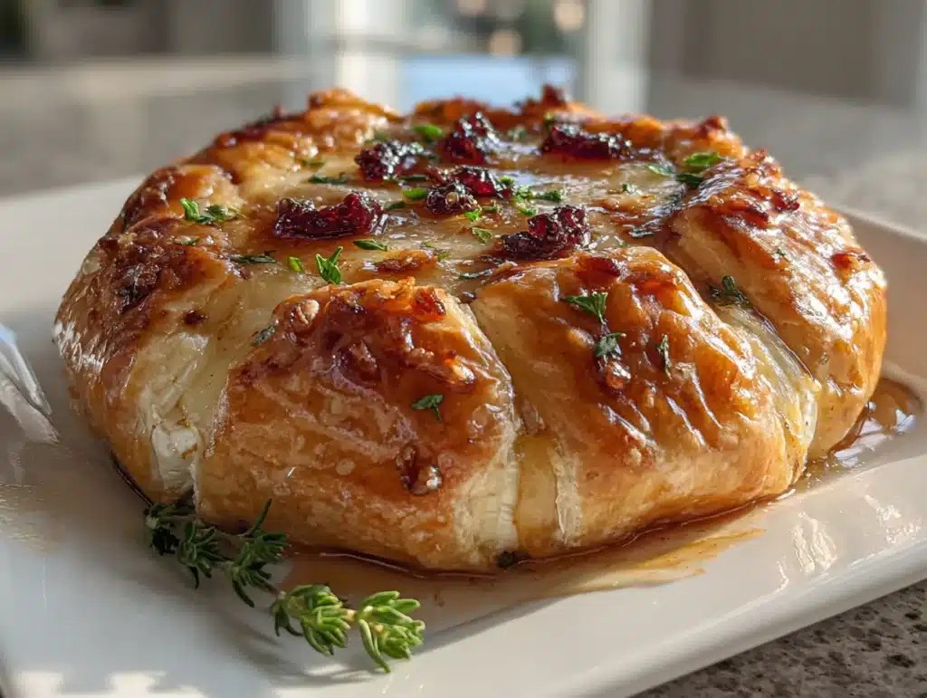 Close-up photo of baked brie appetizer on a plate in a home kitchen, natural lighting, clean background, iPhone 15 Pro style, showing interior texture.