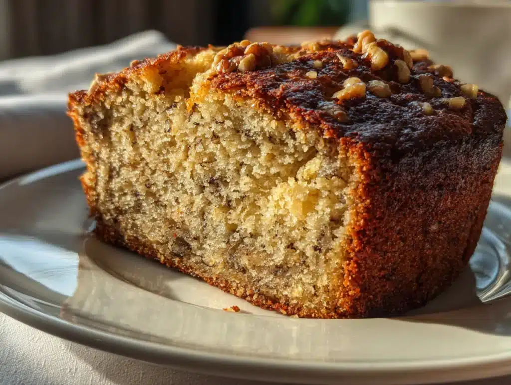 Close-up photo of banana cake slice on a plate in a home kitchen, natural lighting, clean background, iPhone 15 Pro style.