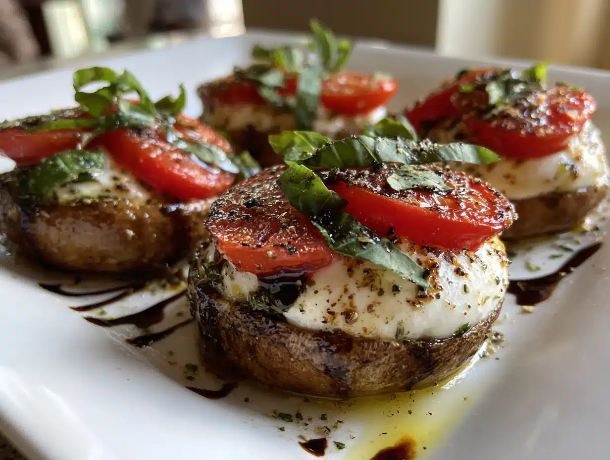 Close-up photo of Caprese appetizer on a plate in a home kitchen, natural lighting, clean background, iPhone 15 Pro style, showing interior texture.