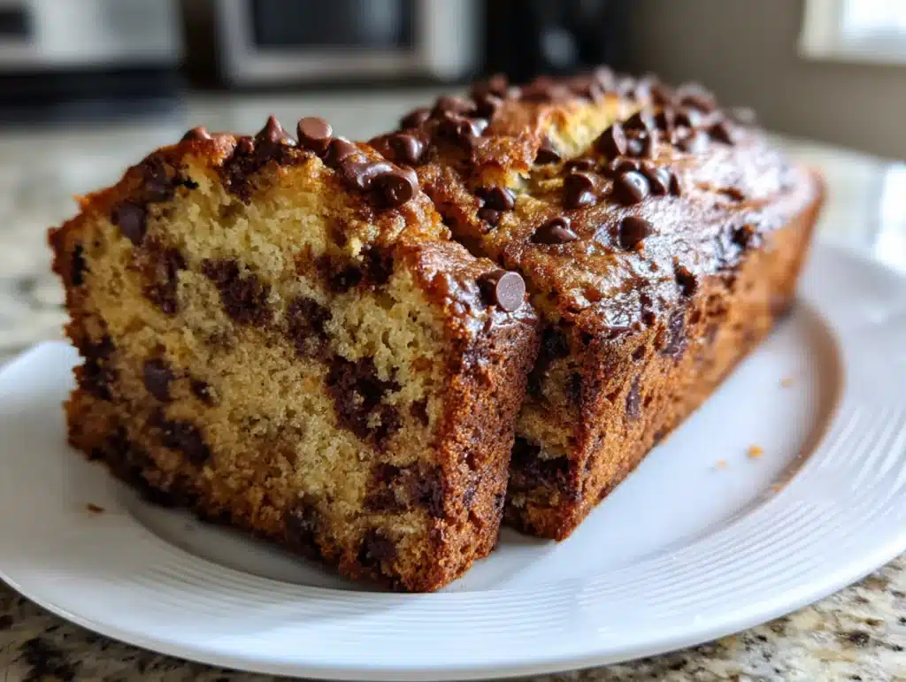 Close-up photo of chocolate chip banana bread slice on a plate in a home kitchen, natural lighting, clean background, iPhone 15 Pro style.
