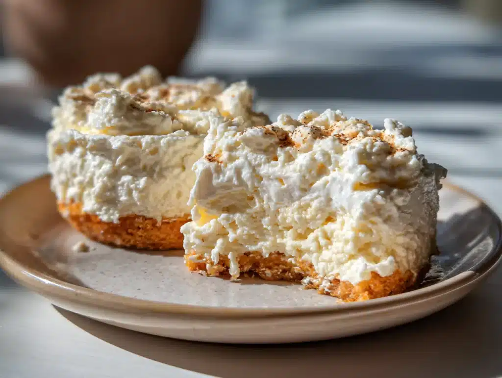 Close-up photo of cream cheese appetizer on a plate in a home kitchen, natural lighting, clean background, iPhone 15 Pro style, showing interior texture.