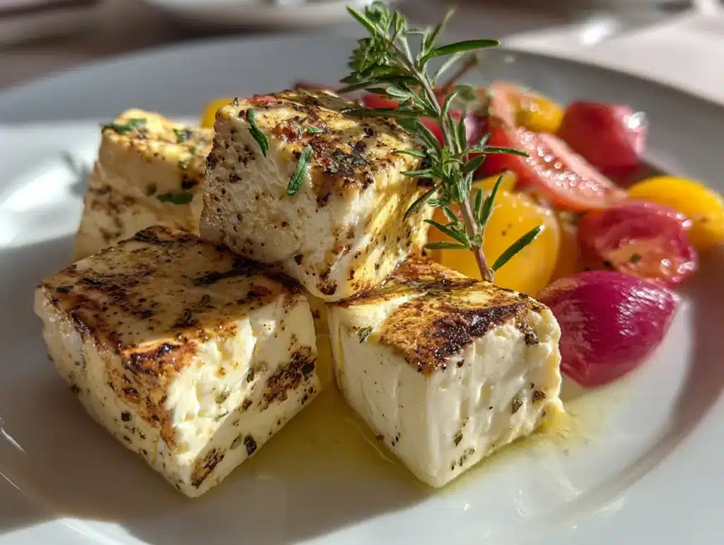 Close-up photo of marinated cheese appetizer on a plate in a home kitchen, natural lighting, clean background, iPhone 15 Pro style, showing interior texture.