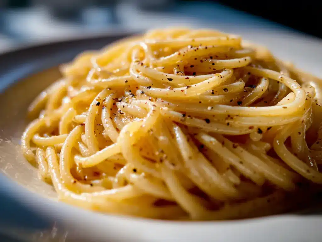 Close-up photo of pasta on a plate in a home kitchen, natural lighting, clean background, iPhone 15 Pro style, eye-level side view.