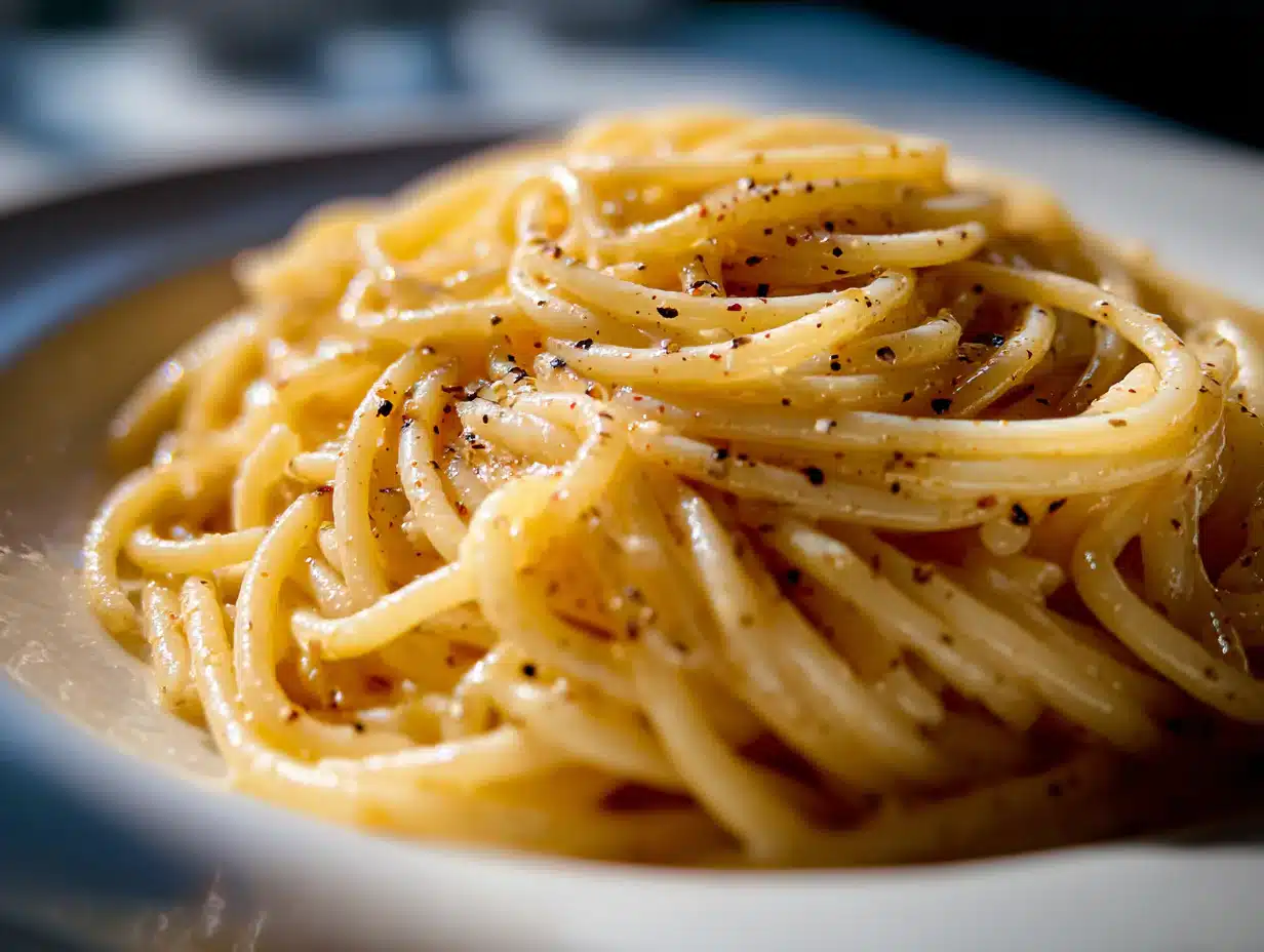 Close-up photo of pasta on a plate in a home kitchen, natural lighting, clean background, iPhone 15 Pro style, eye-level side view.